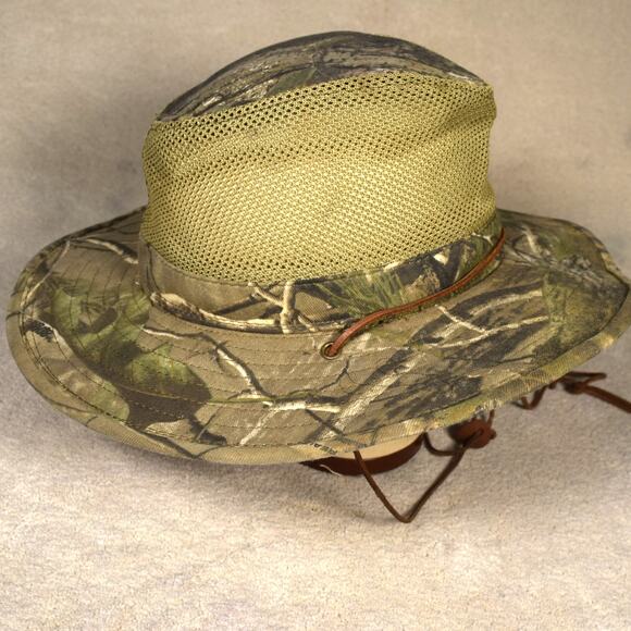 Redhead Camouflage Bucket Hat Khaki Mesh Vented Wide Brim Leather Camo Sunhat - Picture 4 of 11